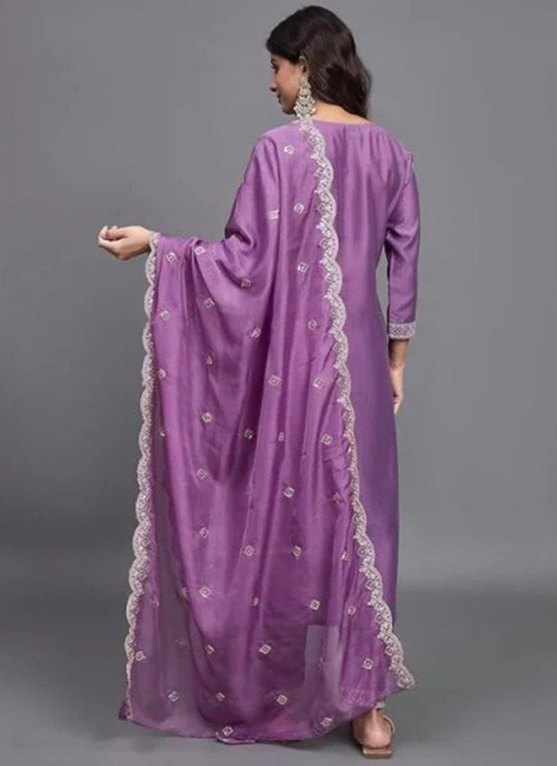 Lavender Cotton Blend Embroidered Kurta Set