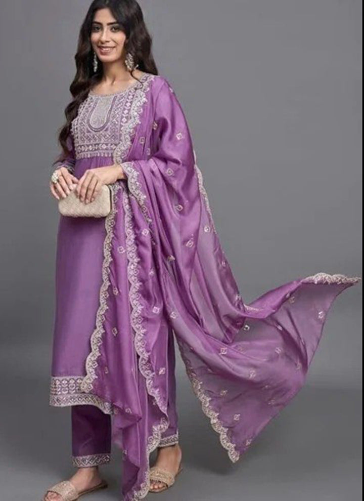 Lavender Cotton Blend Embroidered Kurta Set