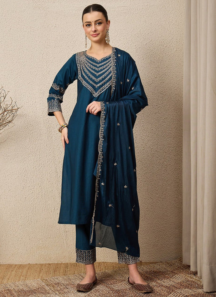 Blue Roman Silk Embroidered Festive Kurta Set