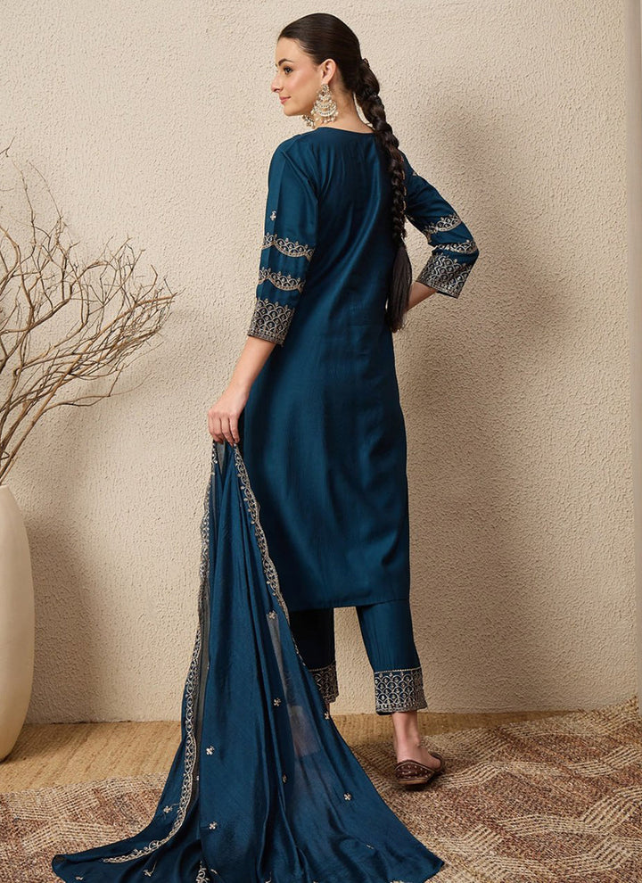 Blue Roman Silk Embroidered Festive Kurta Set