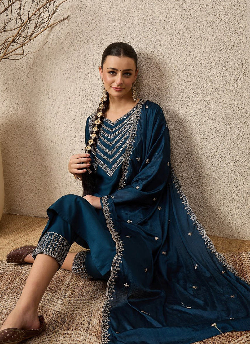 Blue Roman Silk Embroidered Festive Kurta Set
