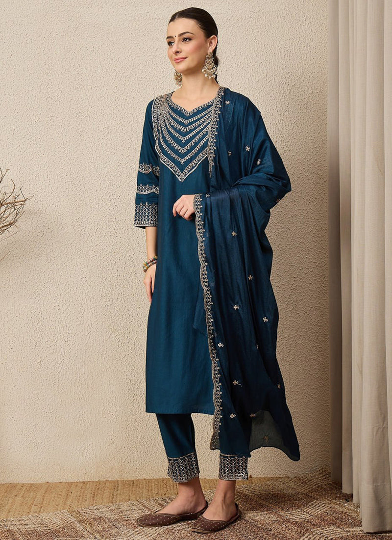 Blue Roman Silk Embroidered Festive Kurta Set