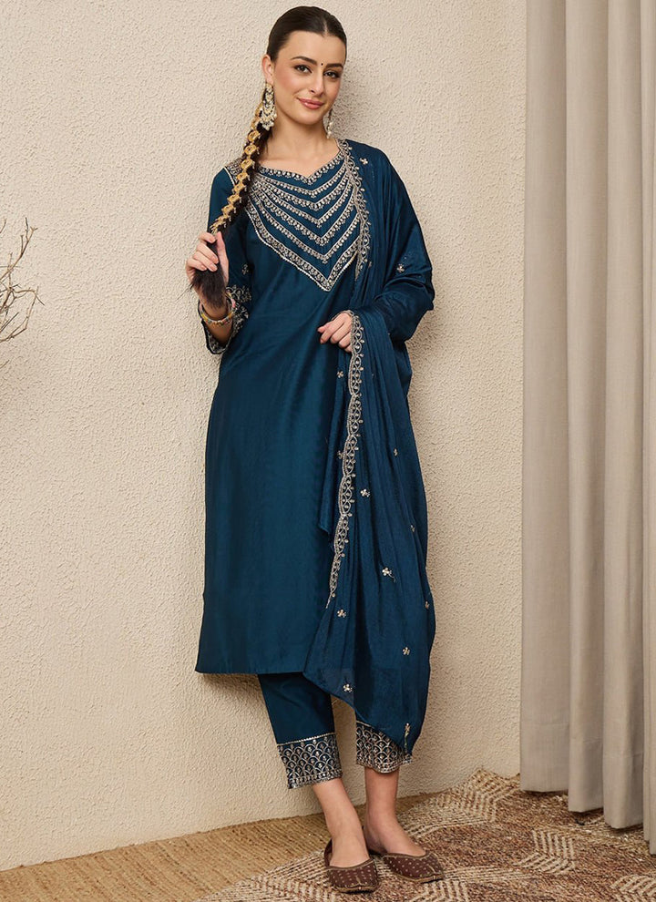 Blue Roman Silk Embroidered Festive Kurta Set
