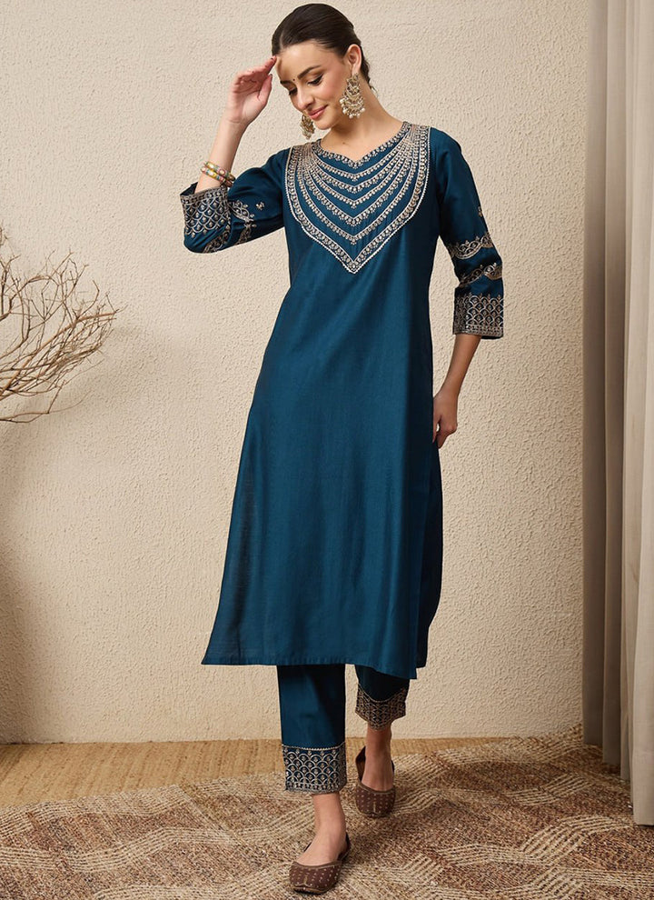 Blue Roman Silk Embroidered Festive Kurta Set