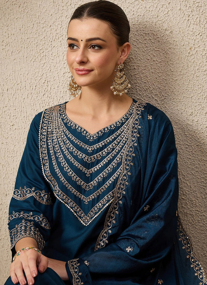 Blue Roman Silk Embroidered Festive Kurta Set