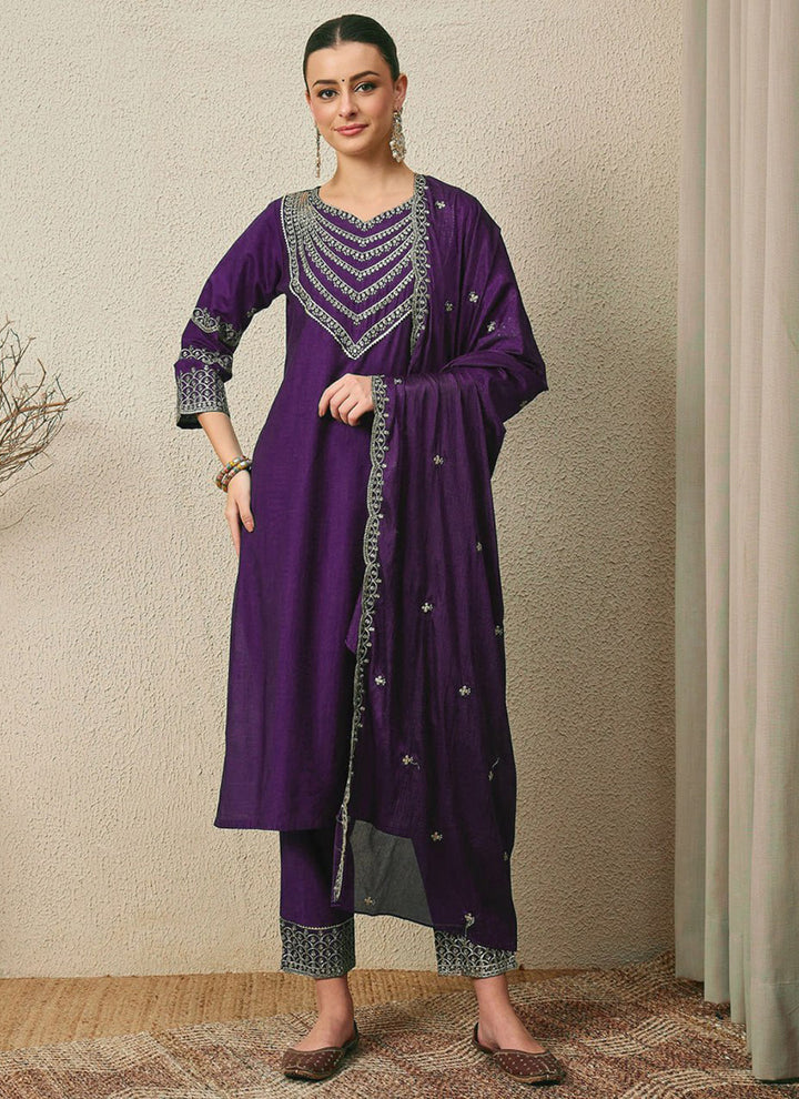 Purple Roman Silk Embroidered Festive Kurta Set