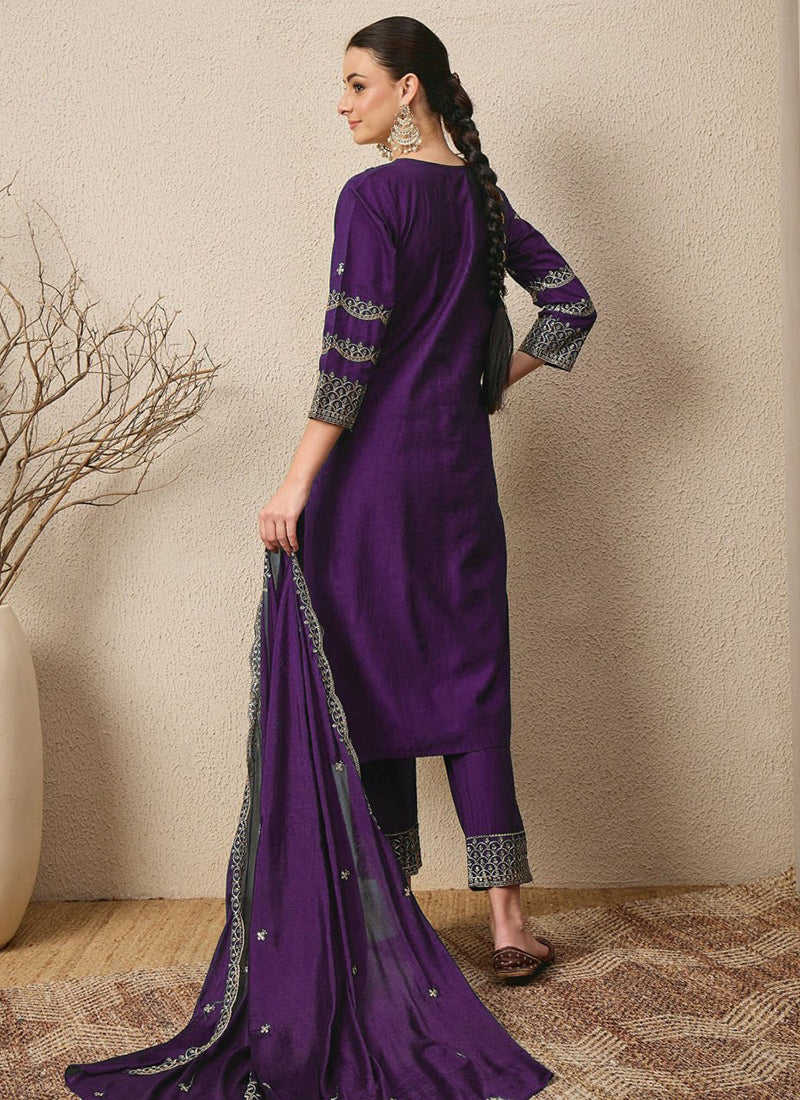 Purple Roman Silk Embroidered Festive Kurta Set