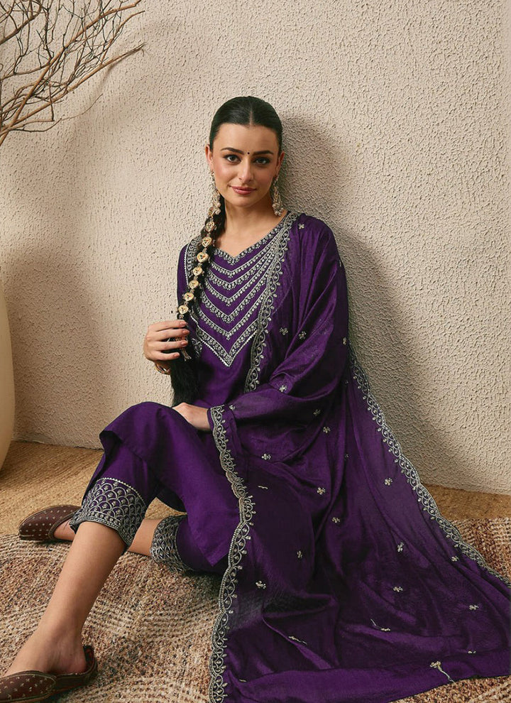 Purple Roman Silk Embroidered Festive Kurta Set