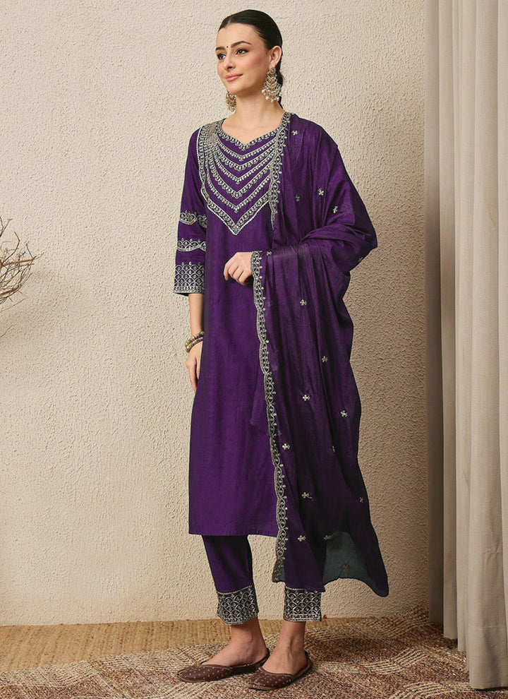 Purple Roman Silk Embroidered Festive Kurta Set