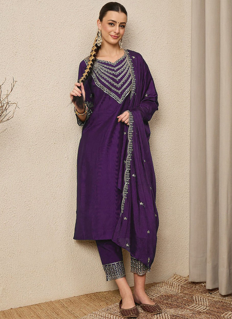 Purple Roman Silk Embroidered Festive Kurta Set