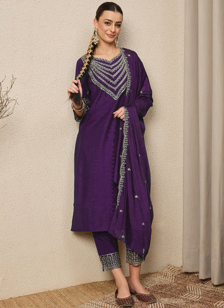 Purple Roman Silk Embroidered Festive Kurta Set