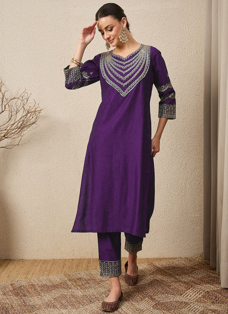 Purple Roman Silk Embroidered Festive Kurta Set