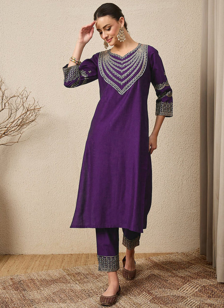 Purple Roman Silk Embroidered Festive Kurta Set