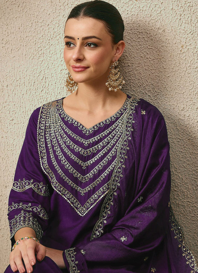 Purple Roman Silk Embroidered Festive Kurta Set