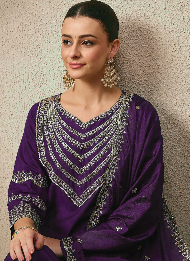 Purple Roman Silk Embroidered Festive Kurta Set