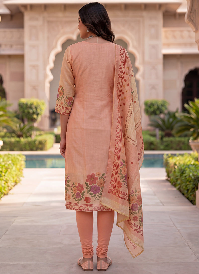 Peach Jamdani Cotton Printed Ceremonial Kurta And Dupatta