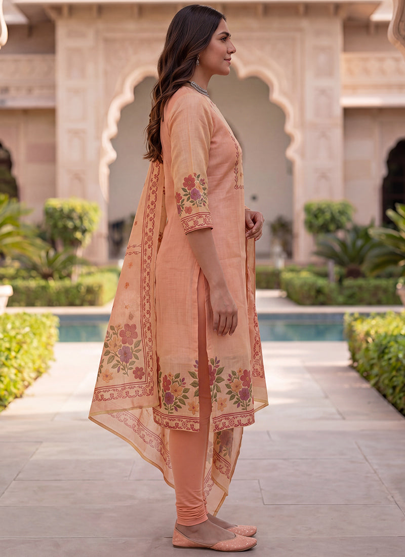 Peach Jamdani Cotton Printed Ceremonial Kurta And Dupatta