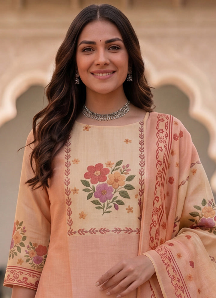Peach Jamdani Cotton Printed Ceremonial Kurta And Dupatta