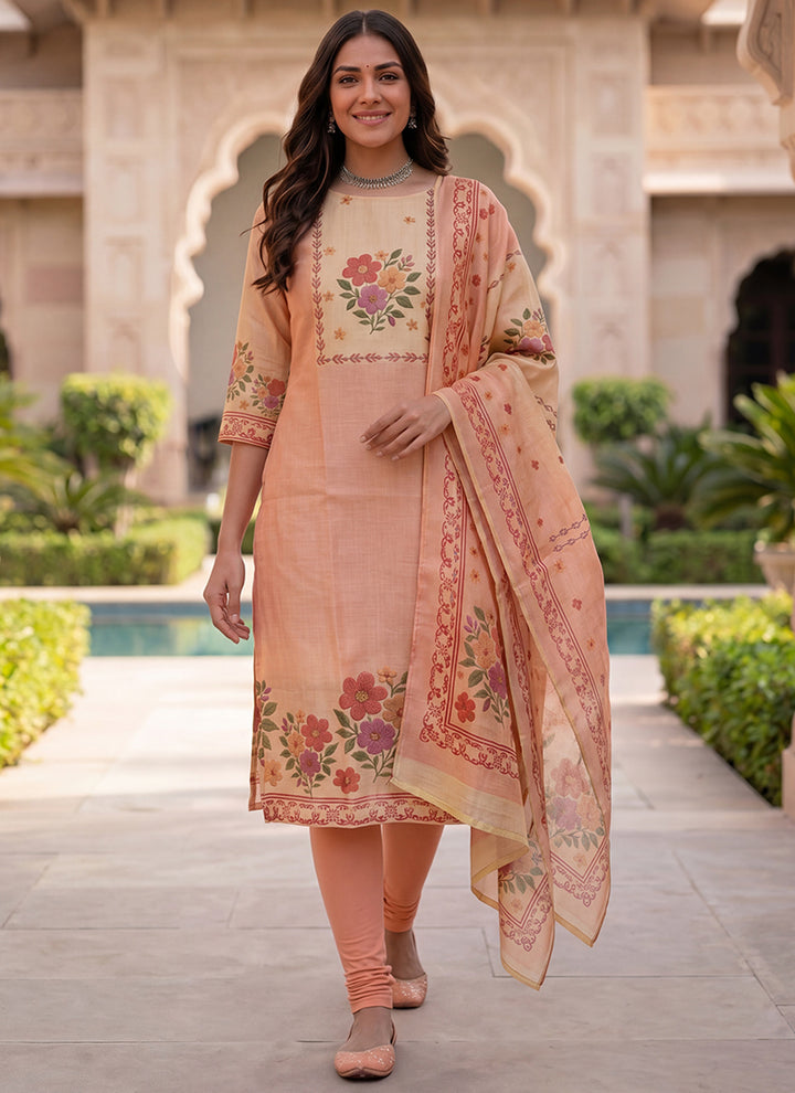 Peach Jamdani Cotton Printed Ceremonial Kurta And Dupatta