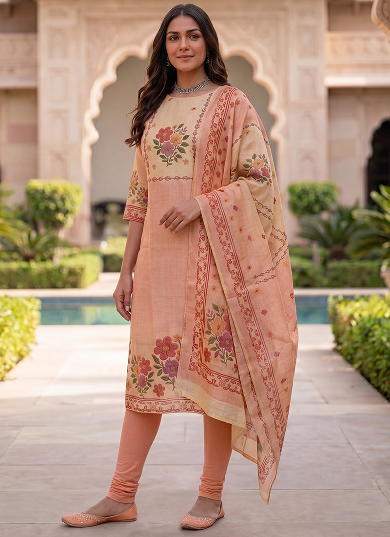 Peach Jamdani Cotton Printed Ceremonial Kurta And Dupatta