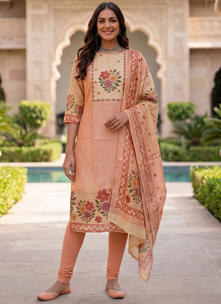 Peach Jamdani Cotton Printed Ceremonial Kurta And Dupatta