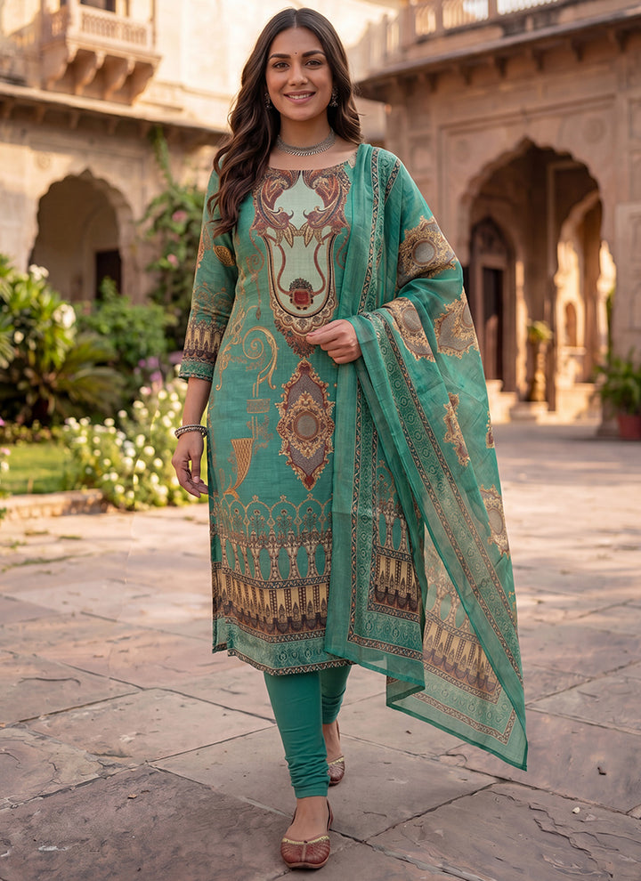 Green Cotton Printed Festive Kurta And Dupatta