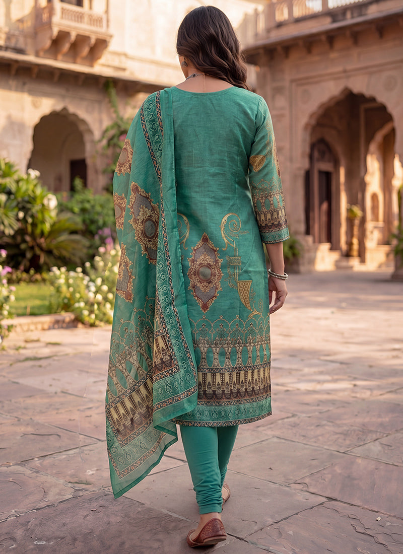 Green Cotton Printed Festive Kurta And Dupatta