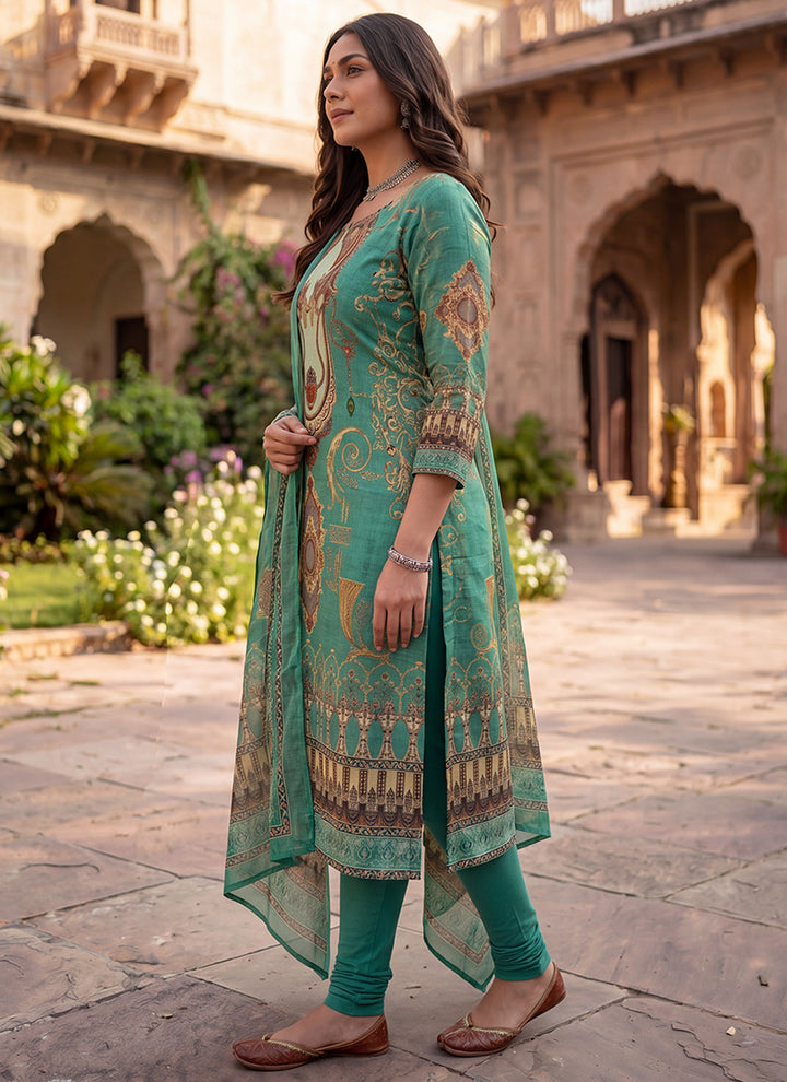 Green Cotton Printed Festive Kurta And Dupatta