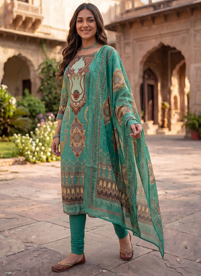 Green Cotton Printed Festive Kurta And Dupatta