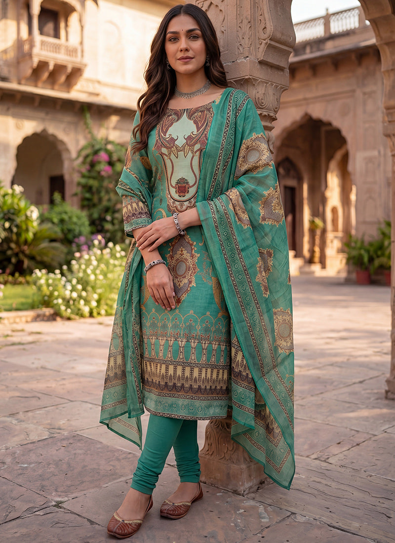 Green Cotton Printed Festive Kurta And Dupatta