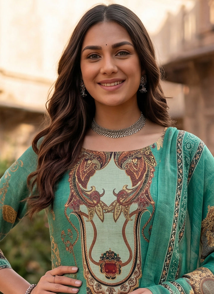 Green Cotton Printed Festive Kurta And Dupatta