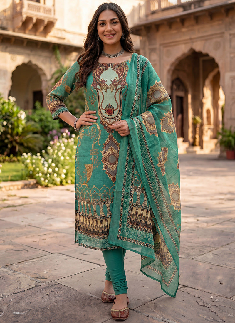Green Cotton Printed Festive Kurta And Dupatta