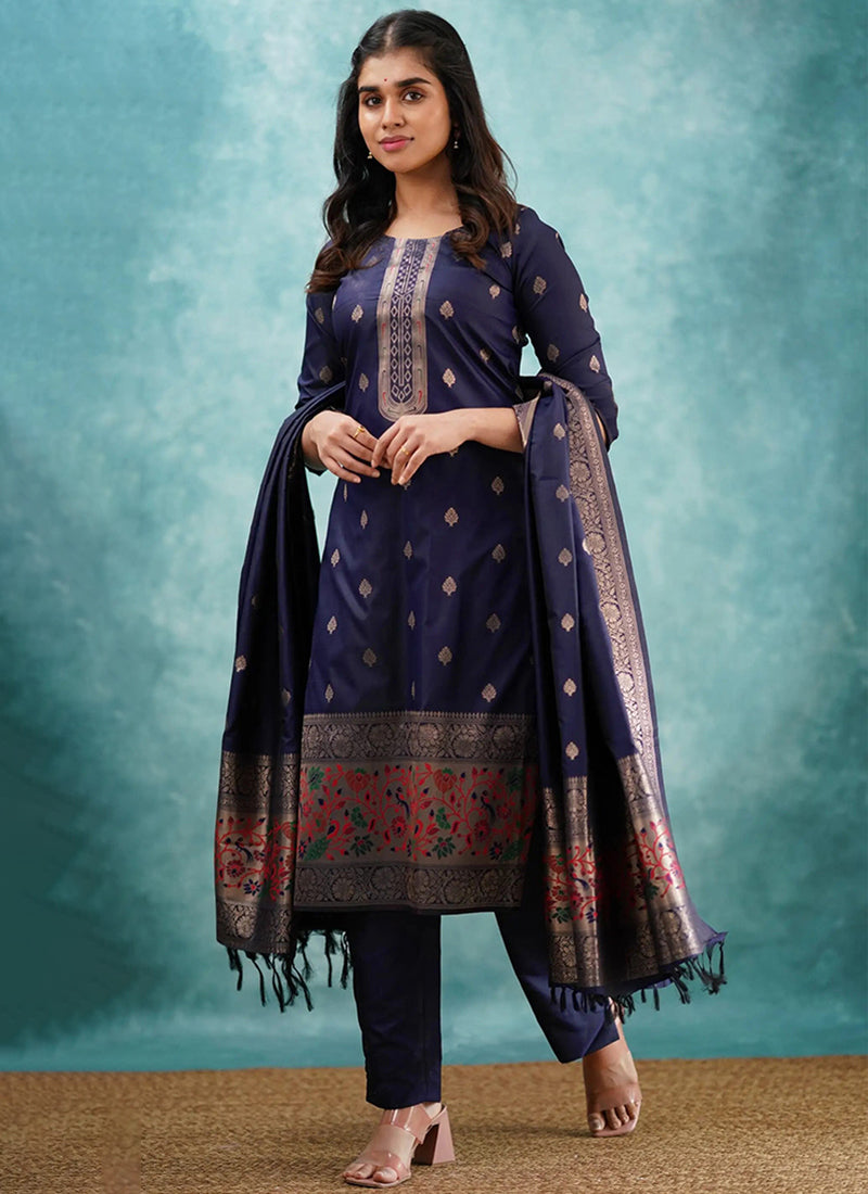 Royal Blue Art Silk Straight Pant Style Kurta Set