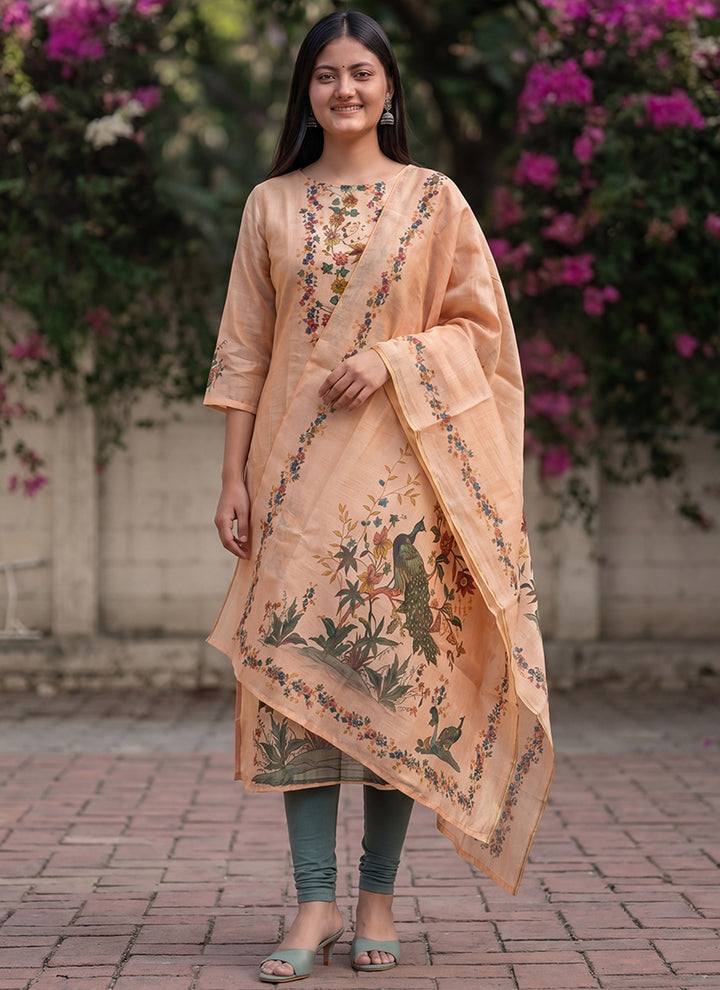 Peach Jamdani Cotton Woven Ceremonial Kurta And Dupatta