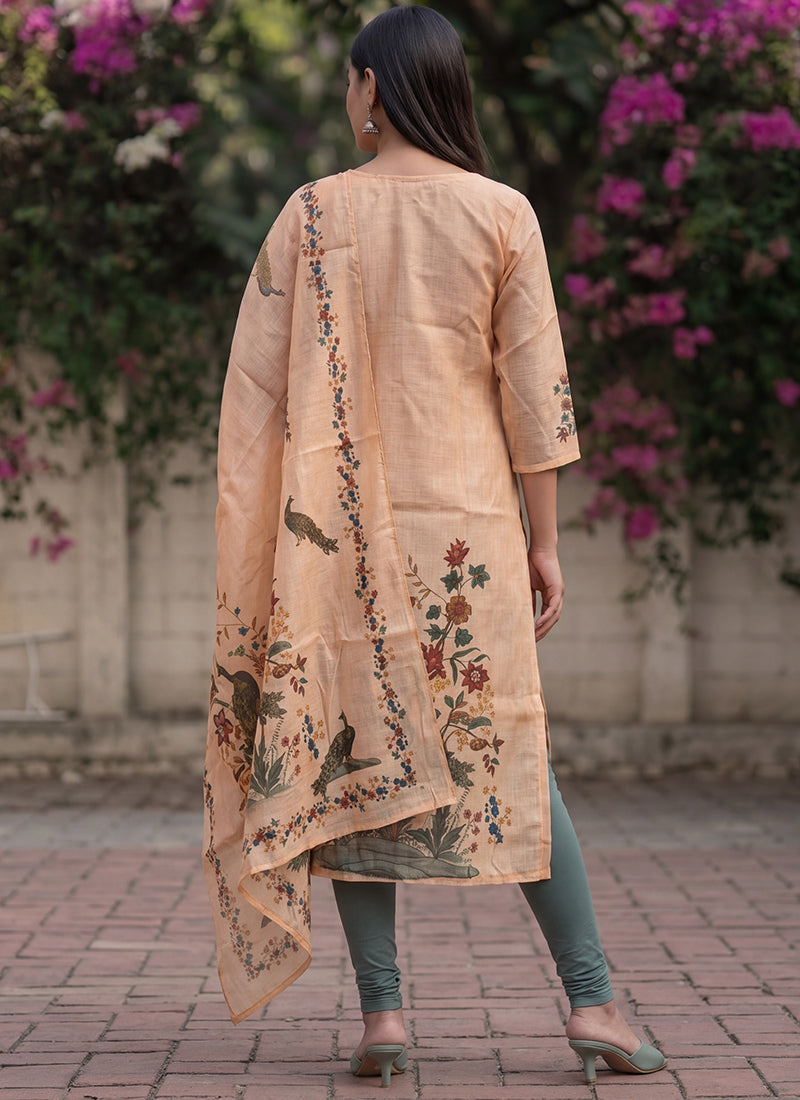 Peach Jamdani Cotton Woven Ceremonial Kurta And Dupatta
