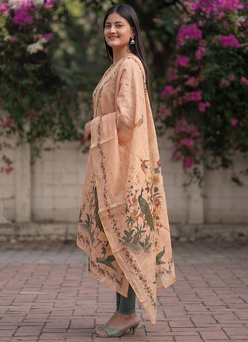 Peach Jamdani Cotton Woven Ceremonial Kurta And Dupatta