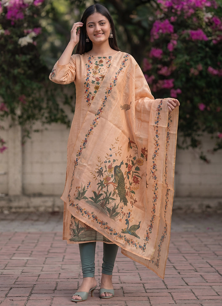 Peach Jamdani Cotton Woven Ceremonial Kurta And Dupatta