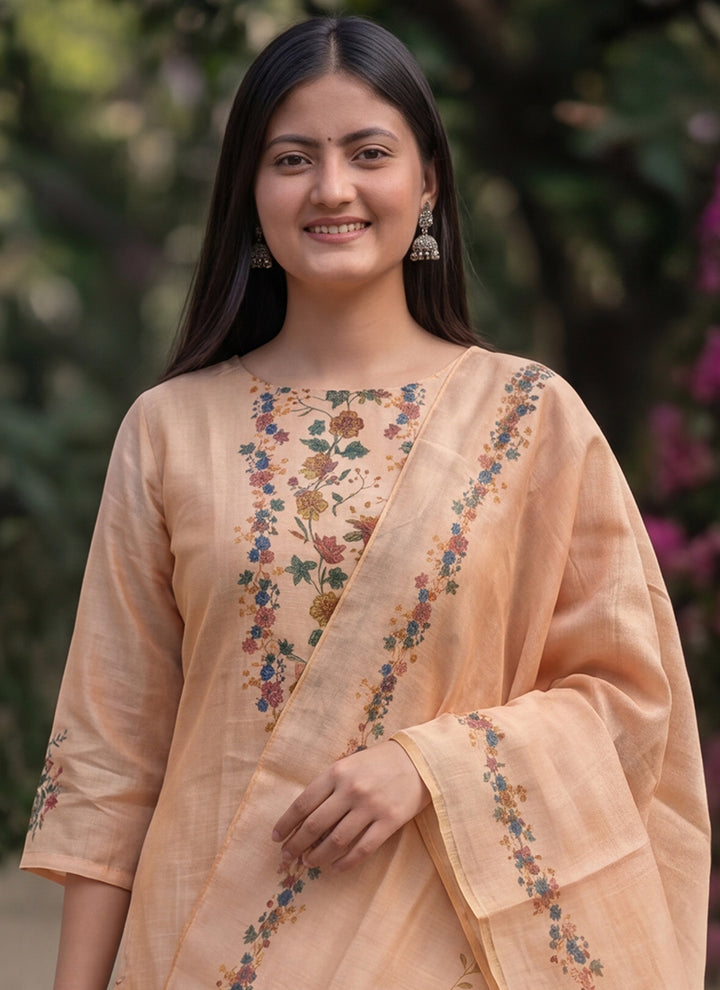 Peach Jamdani Cotton Woven Ceremonial Kurta And Dupatta