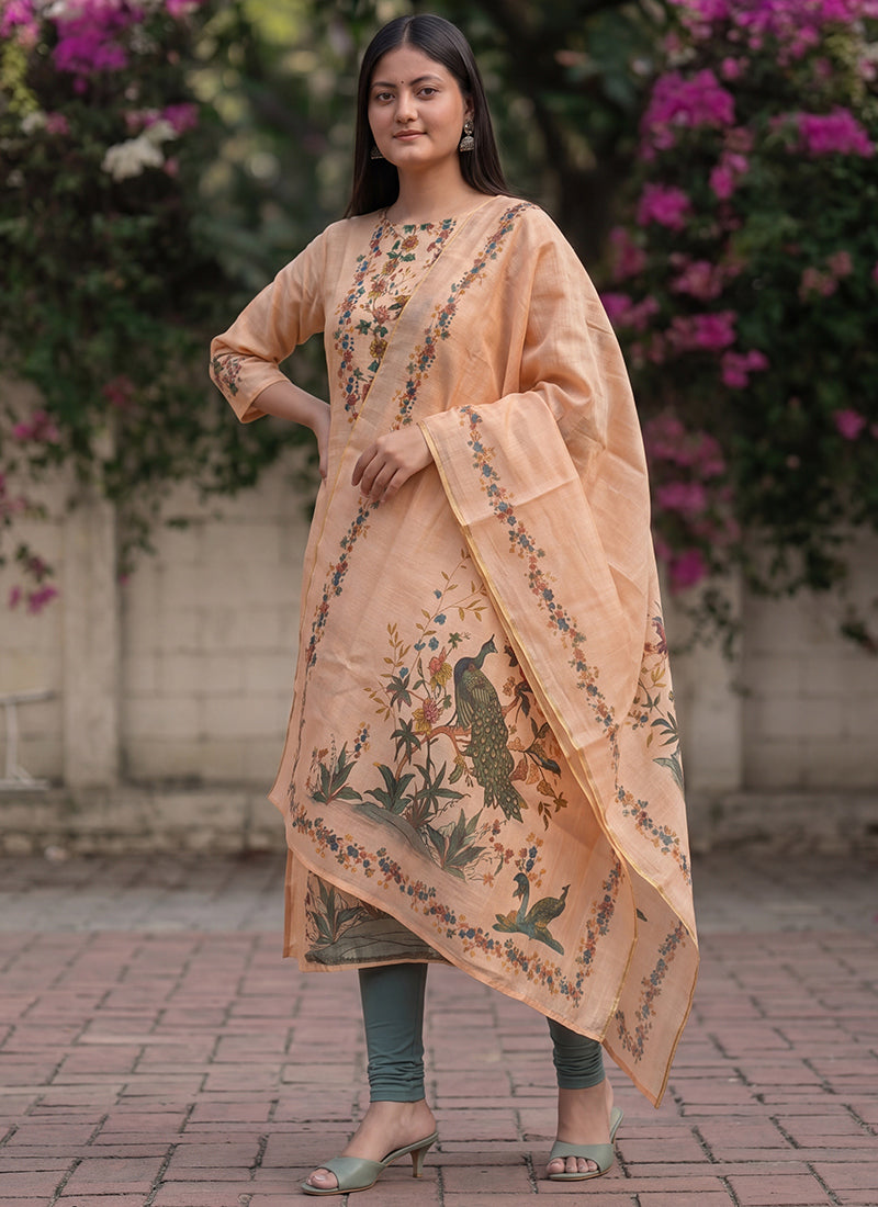 Peach Jamdani Cotton Woven Ceremonial Kurta And Dupatta