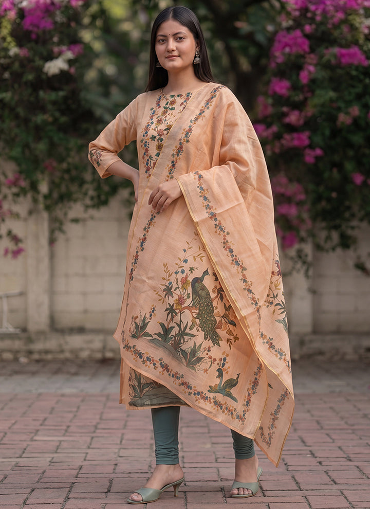 Peach Jamdani Cotton Woven Ceremonial Kurta And Dupatta