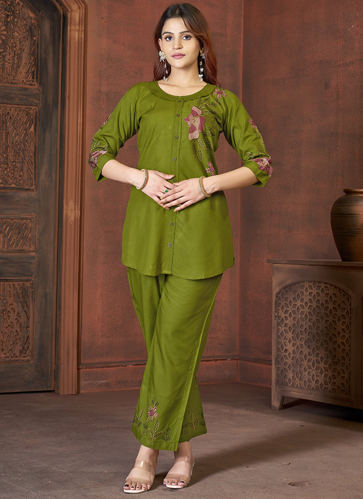 Green Rayon Embroidered Cord Set For Special Occasions