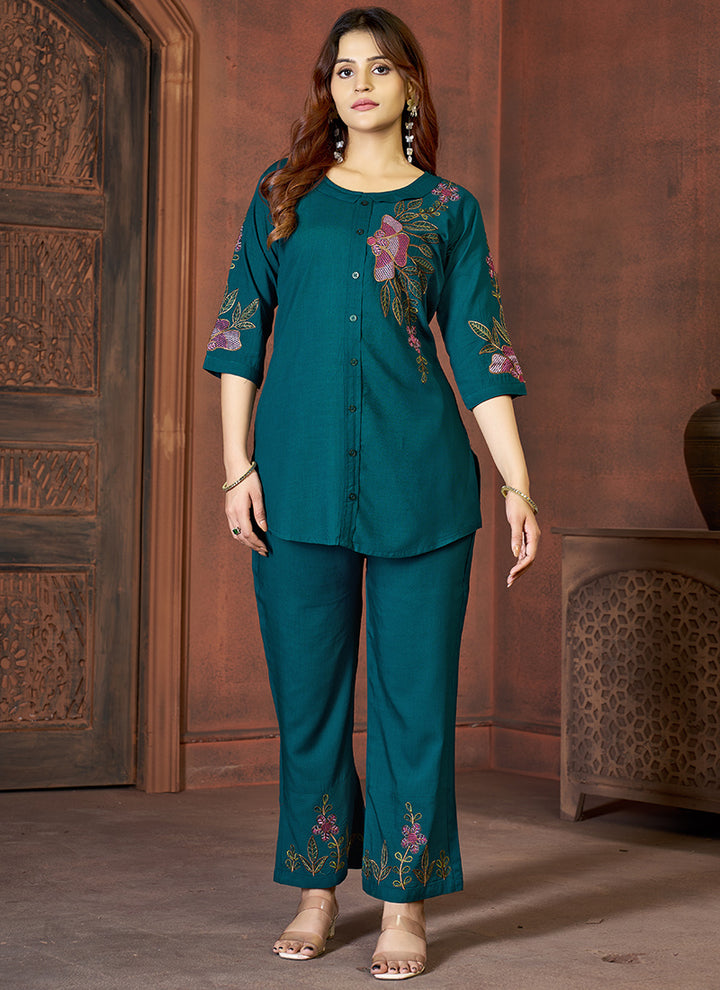 Teal Rayon Embroidered Cord Set For Special Occasions