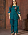 Teal Rayon Embroidered Cord Set For Special Occasions