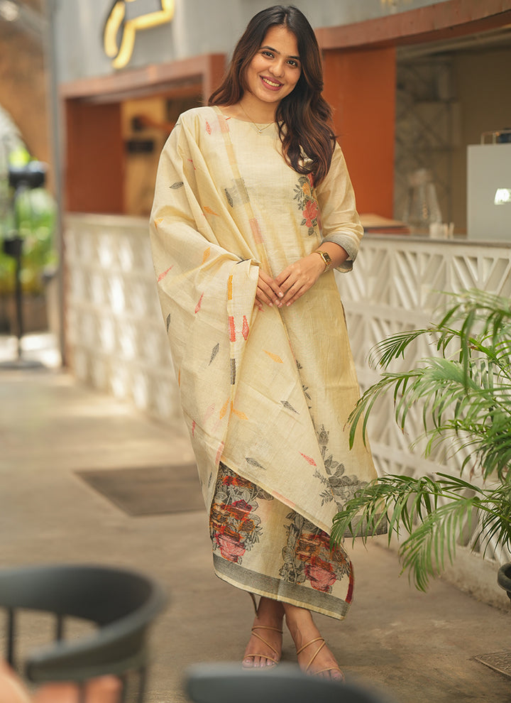 Cream Straight Cut Woven Cotton Kurta And Dupatta