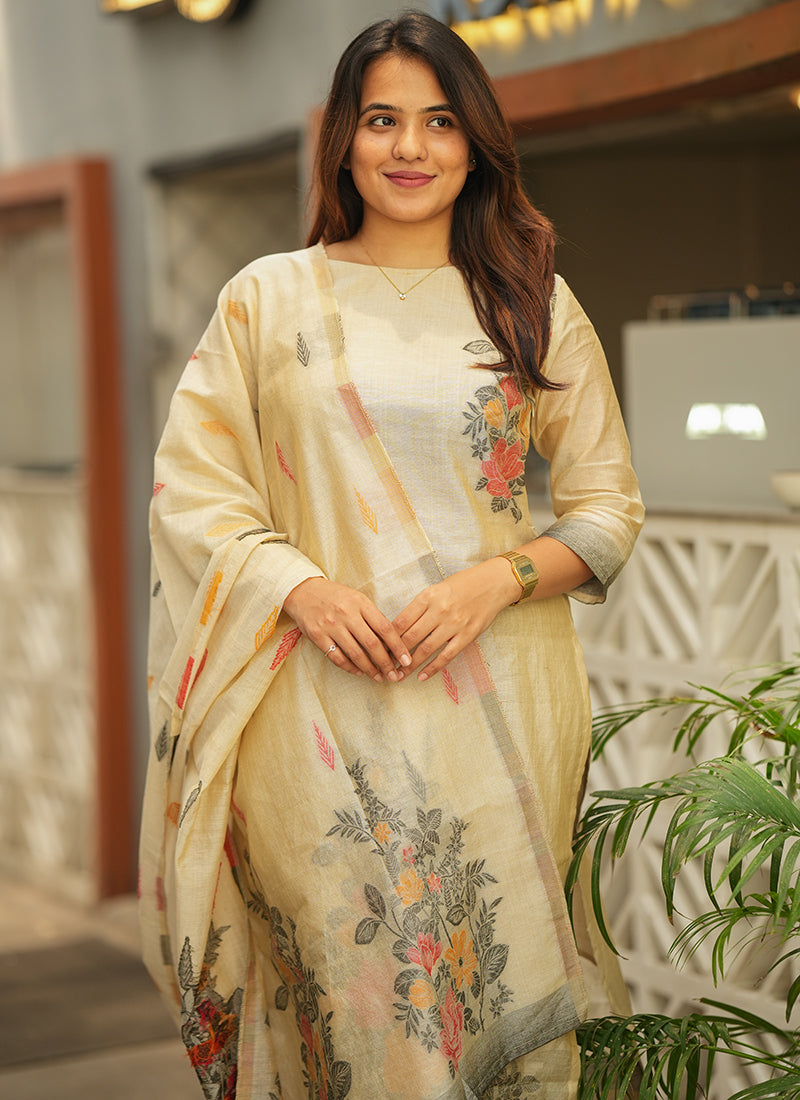Cream Straight Cut Woven Cotton Kurta And Dupatta