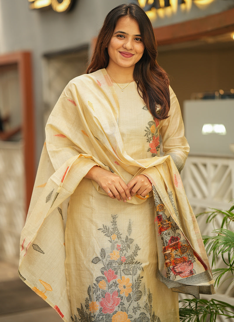 Cream Straight Cut Woven Cotton Kurta And Dupatta