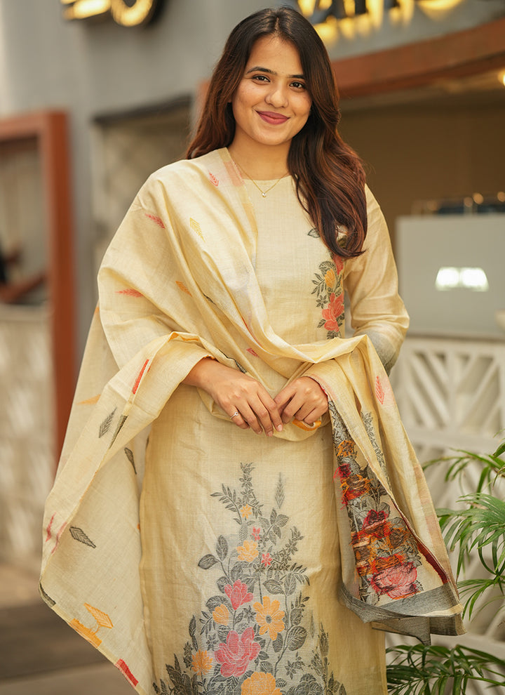 Cream Straight Cut Woven Cotton Kurta And Dupatta
