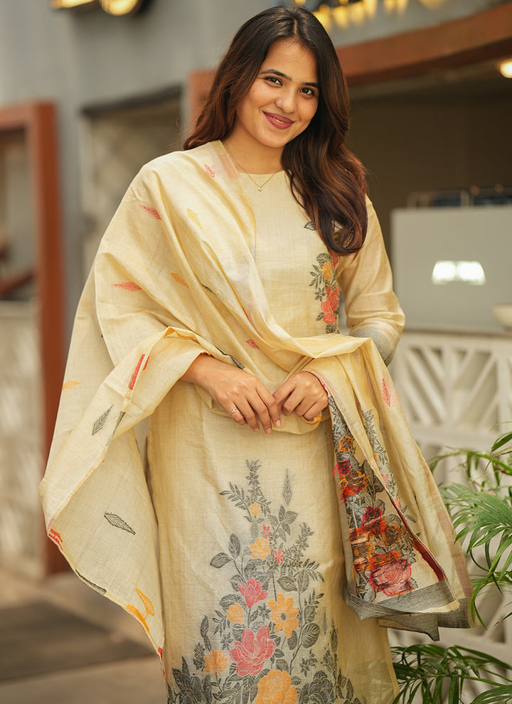 Cream Straight Cut Woven Cotton Kurta And Dupatta