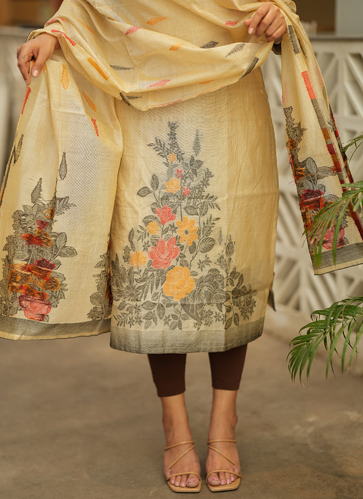 Cream Straight Cut Woven Cotton Kurta And Dupatta