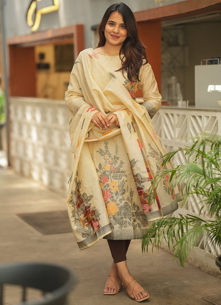 Cream Straight Cut Woven Cotton Kurta And Dupatta